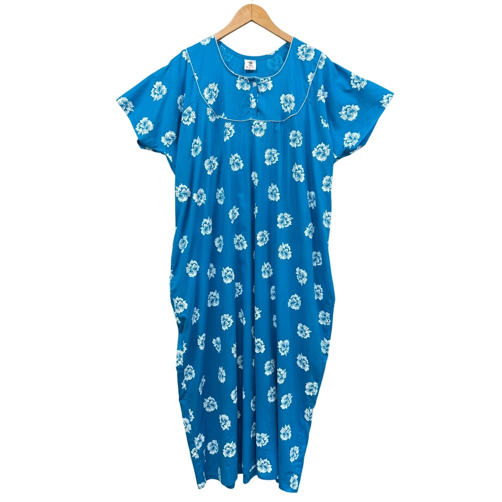 Vintage Blue Floral Muumuu Nightgown Maxi Lounger Dress Pocket India Cottagecore